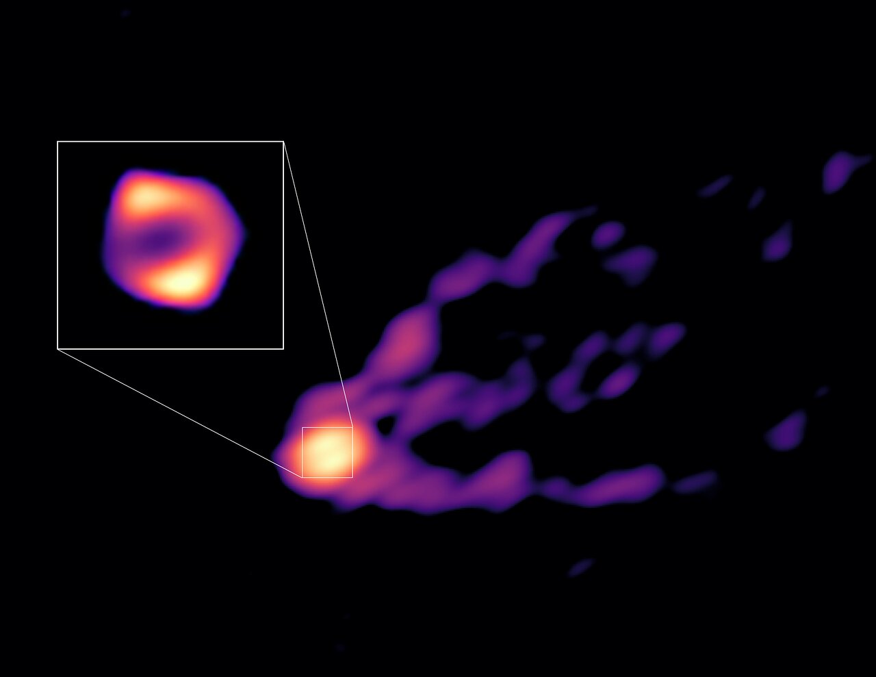 M87의 고리형 중심 구조와 연결된 제트의 3.5mm 전파 관측 영상. 중앙 구조는 확대 화면으로도 표시되어 있습니다.