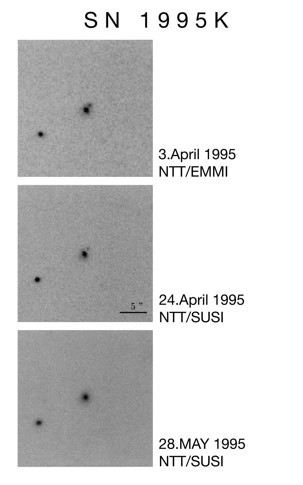 ESO NTT의 SN 1995K 연속 사진. 화살표가 가리키는 초신성이 세 관측 시점에 걸쳐 어두워집니다.